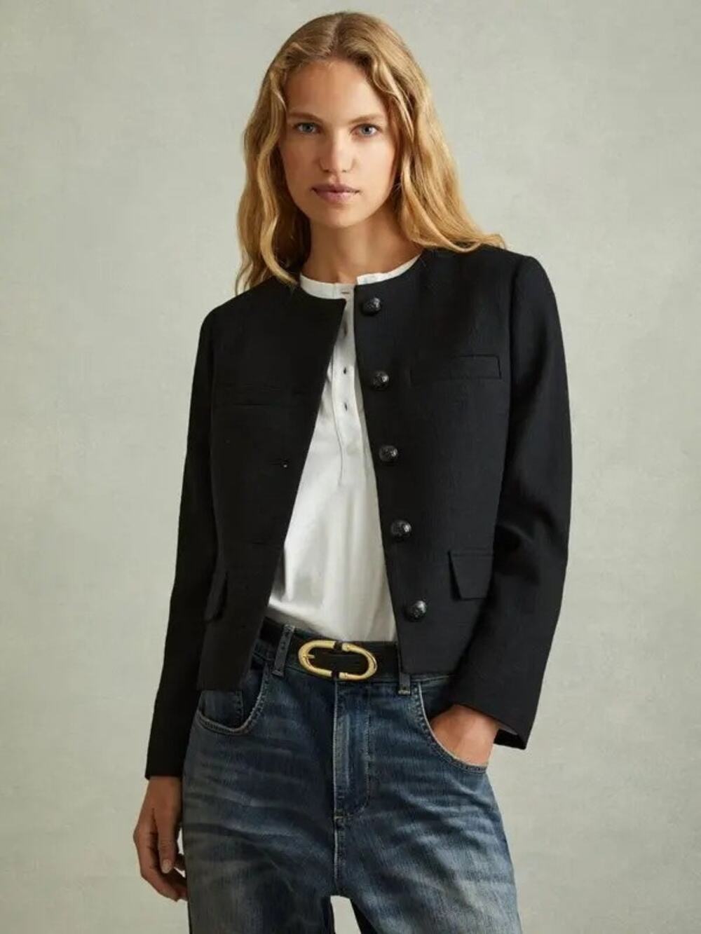 REISS Nola Cropped Wool Jacket - Black